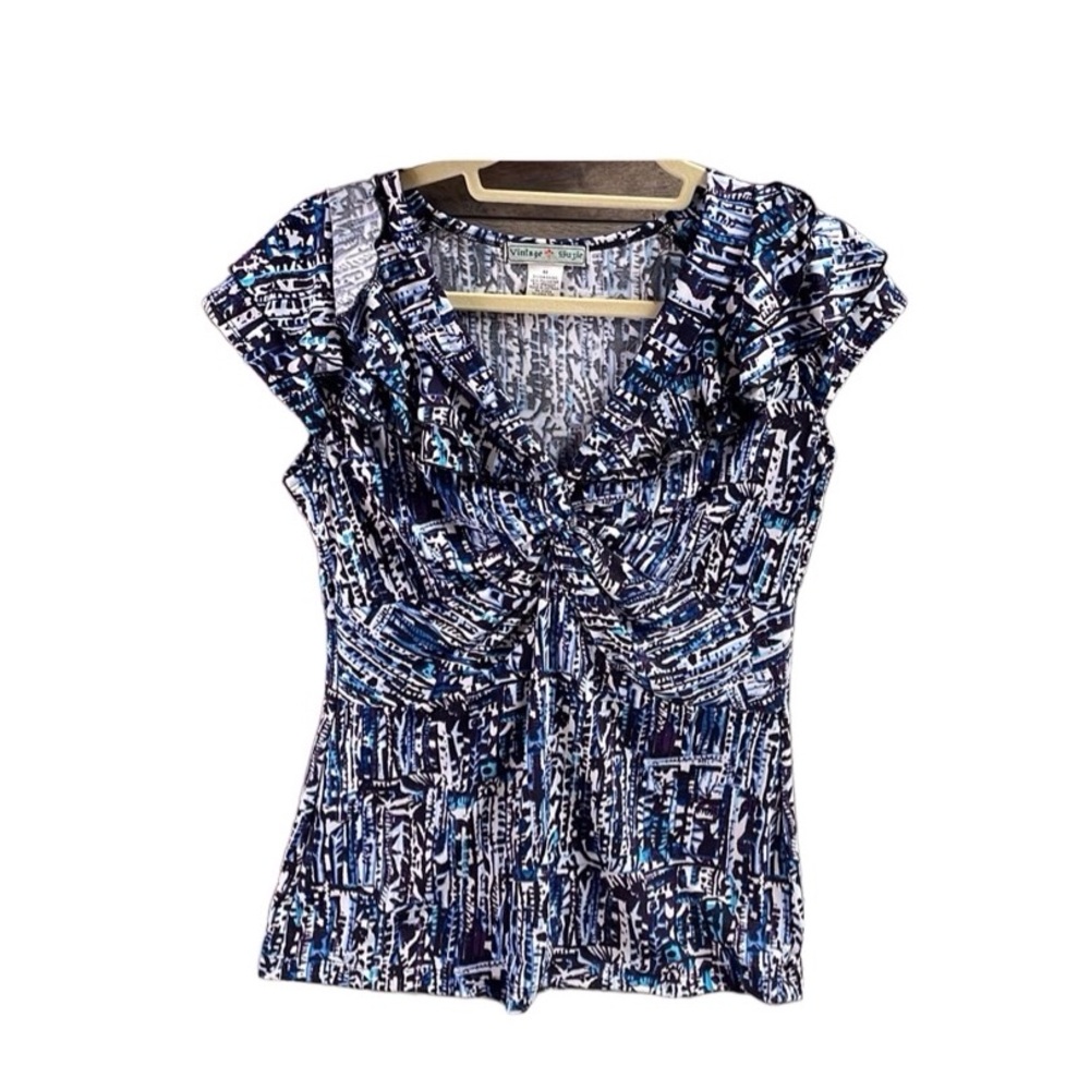 Vintage Susie Ladies Abstract Top, Size Medium, Black,White, Blue and Teal